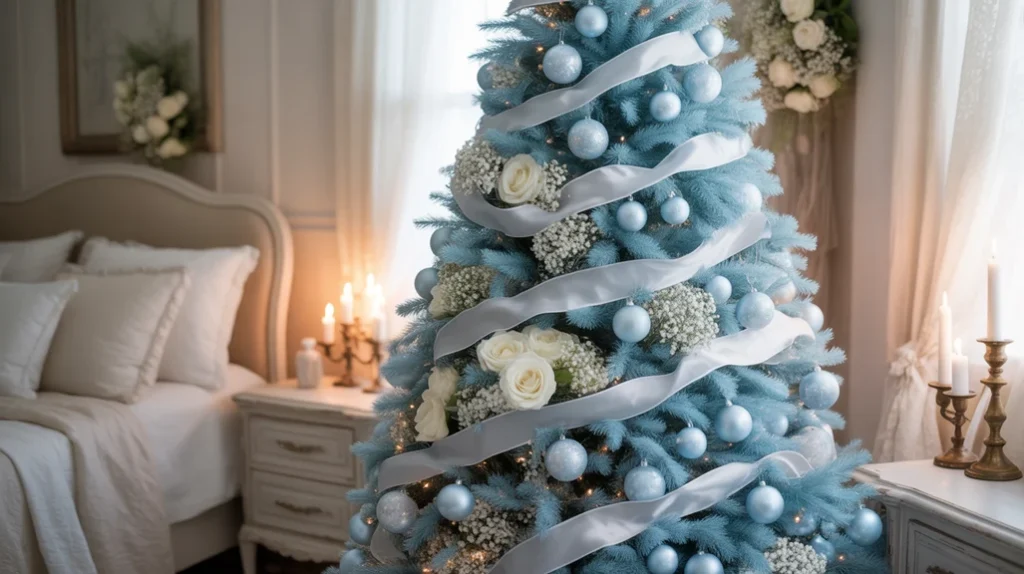 Baby blue and silver Christmas tree with pale-blue baubles, white florals, and silver ribbon in a cozy cottage-style interior.