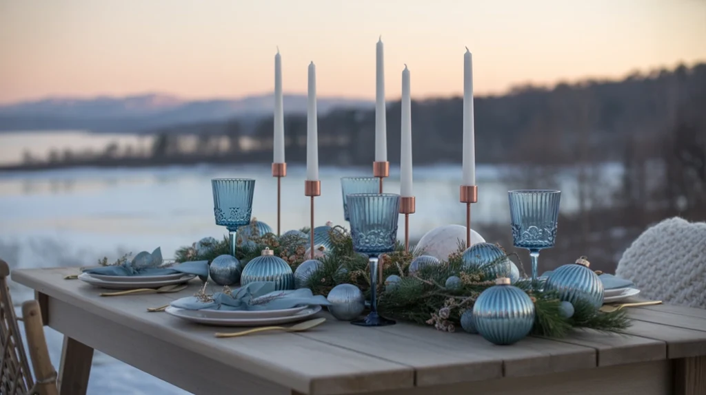 Dusty-Blue-and-Copper — Dusty blue and copper Christmas color scheme, elegant rustic holiday table