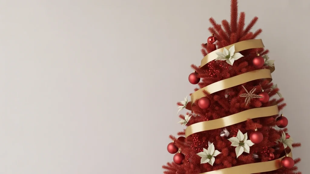Minimal red and gold Christmas tree against a white background with white poinsettias and simple gold accents for Scandinavian décor.