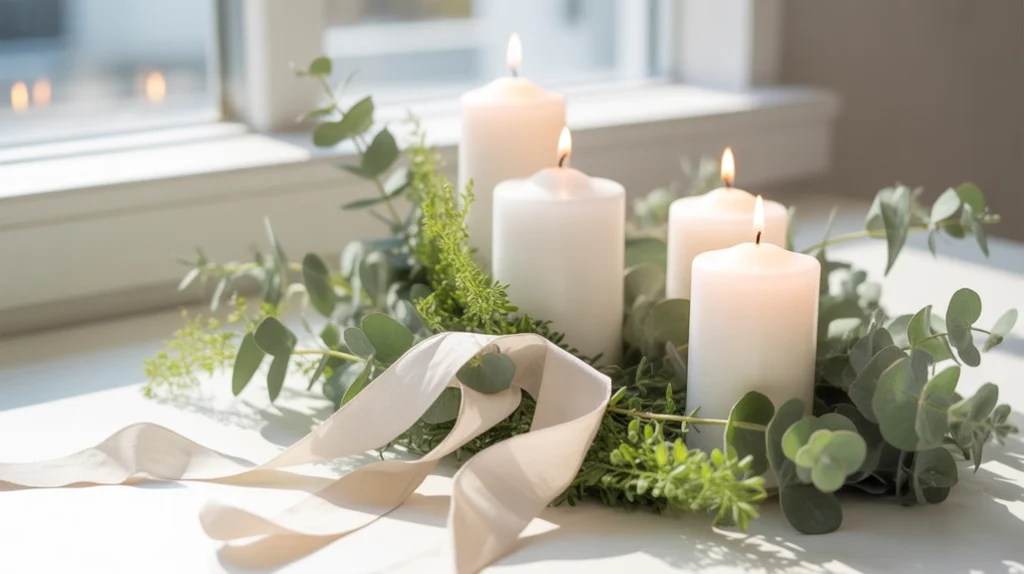 Fresh botanical Christmas palette with white candles, sage greenery, and natural linen ribbons.