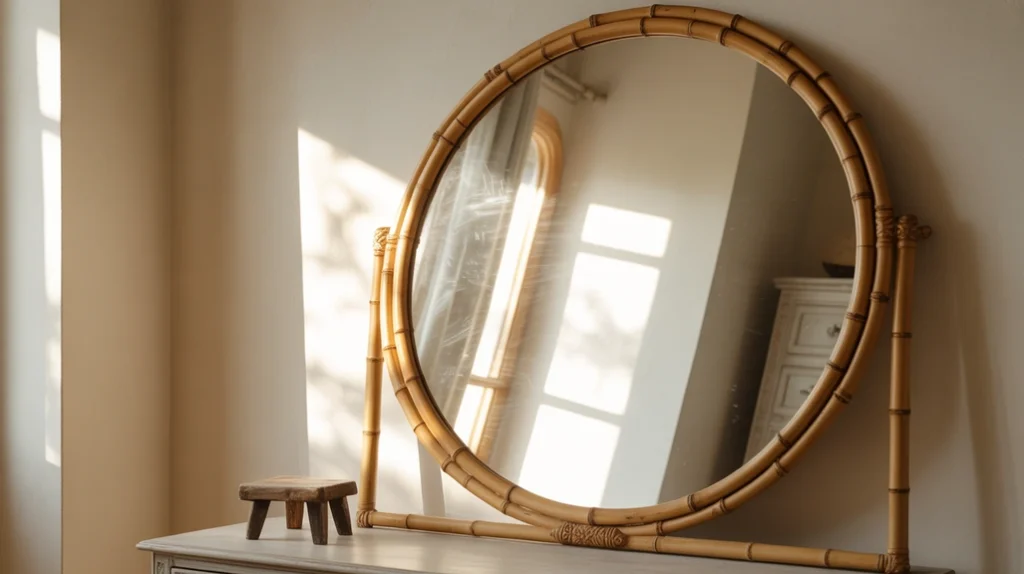 “Large round bamboo-framed mirror above dresser, whitewashed walls, reflected sunlight”