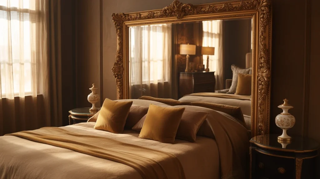 Brown and gold bedroom with luxurious metallic decor and warm tones