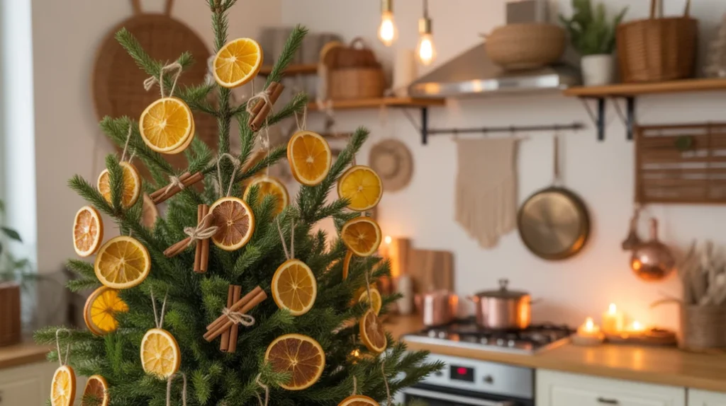 Dried orange slices and cinnamon sticks on a cozy Christmas tree.