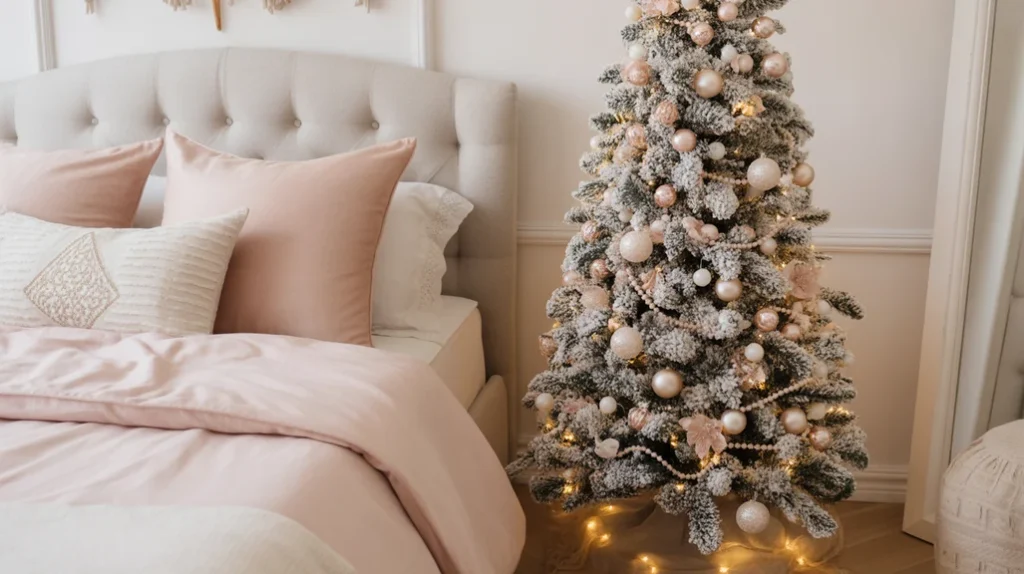Bedroom with small blush Christmas tree, pearl ornaments, and satin bedding for a feminine holiday look.