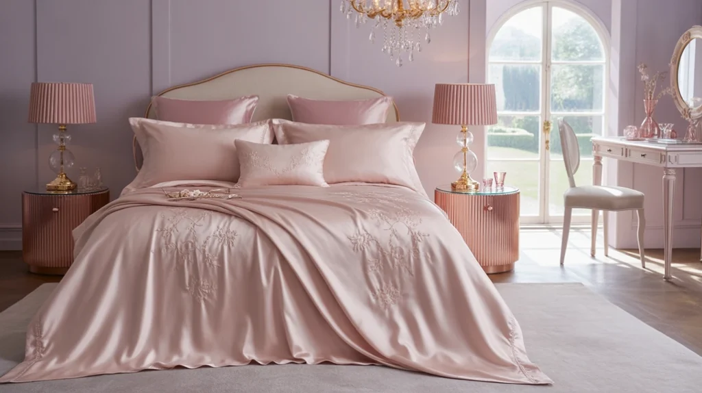 Blush and purple tones with rose-gold accents create feminine glam appeal in purple bedroom ideas.