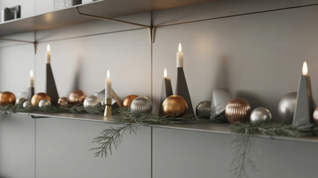Geometric ornaments and structured Christmas decor in a sleek modern living room.