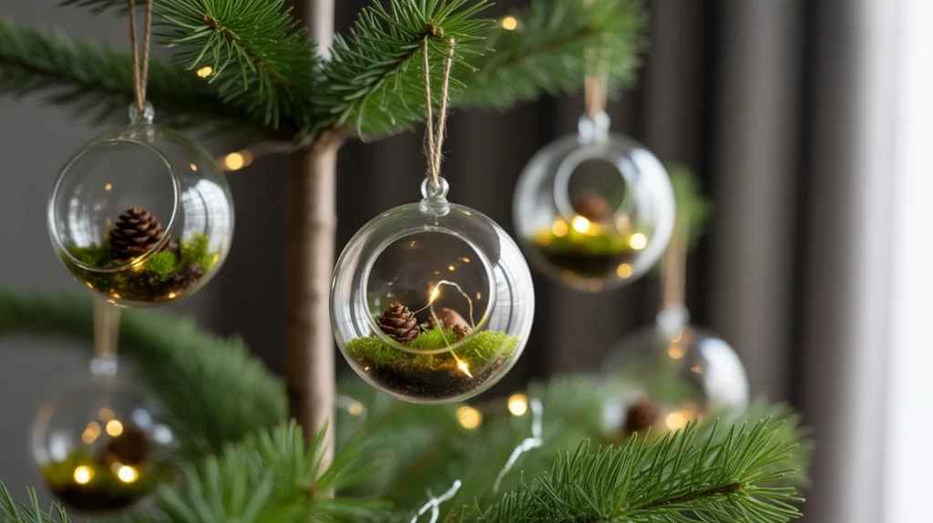 “mini glass jar terrarium ornaments with moss and fairy lights”