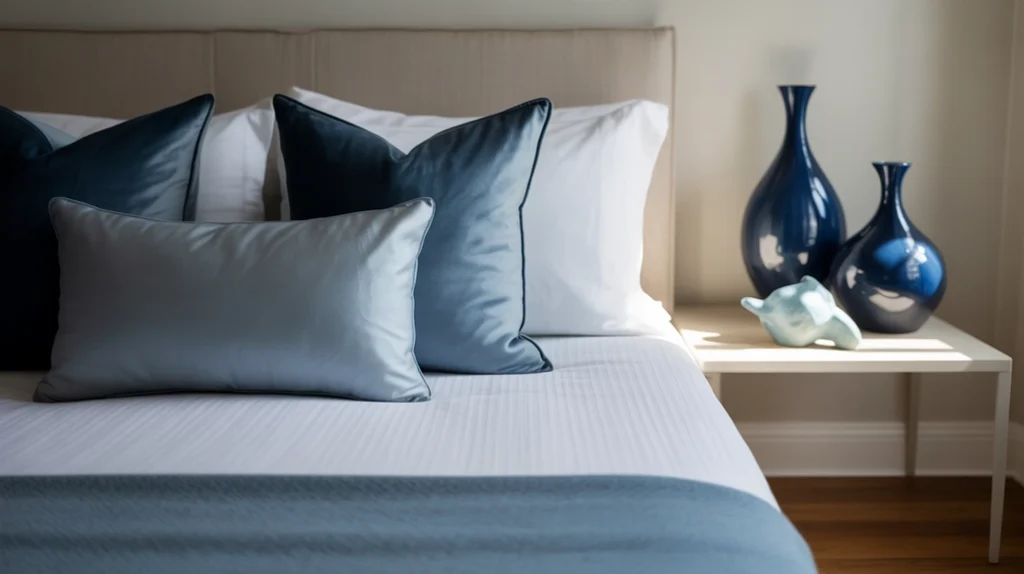 Bedroom featuring subtle light blue wallpaper patterns and modern décor accents.