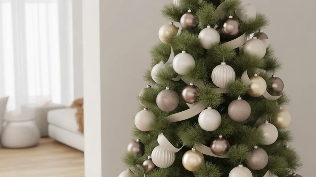 Elegant Christmas tree layered in white, cream, and taupe ornaments for subtle depth and balance.