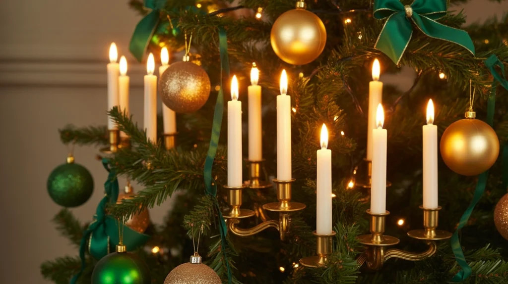 LED candle ornaments glowing warmly on a vintage-style green and gold Christmas tree.