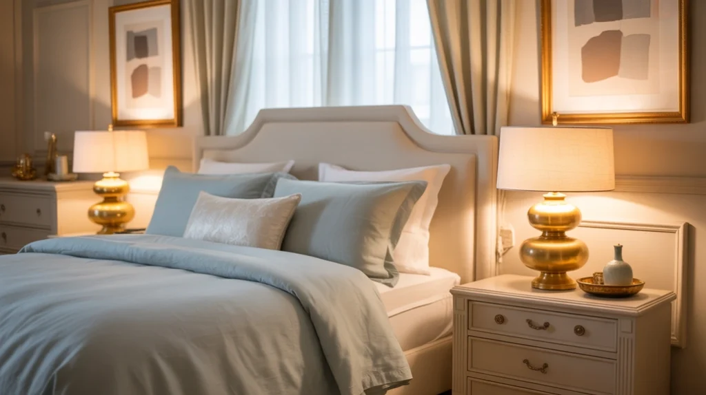 Gold metallic details elevating the elegance of a blue and cream bedroom scheme.