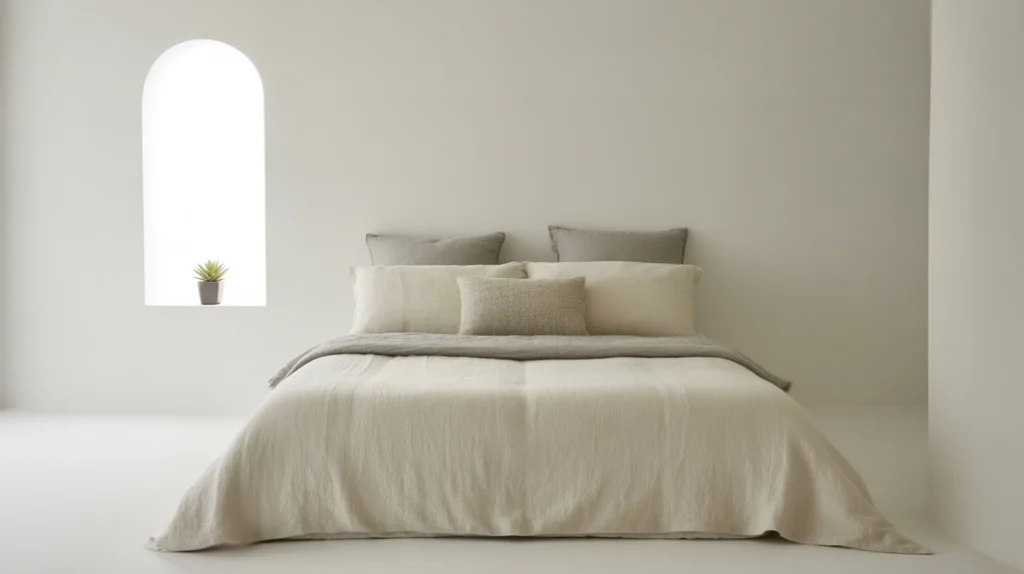 Minimalist bedroom with low platform bed, neutral colors, and uncluttered surfaces.”