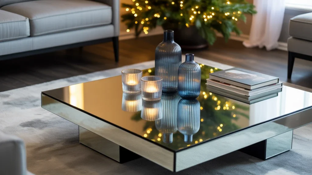 Mirrored coffee table decorated with silver candleholders and blue vases for elegant Christmas living room ideas.