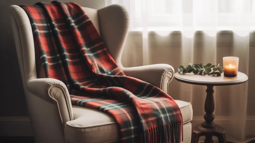 Seasonal farmhouse décor with plaid blanket and greenery in modern farmhouse bedroom ideas.