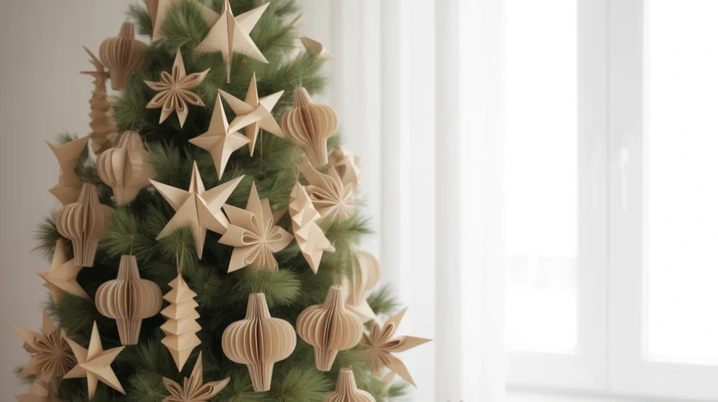 Eco-friendly Christmas tree decorated with folded paper ornaments and natural materials.