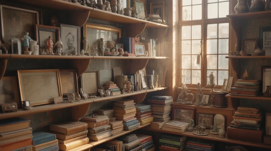 Books, art, and vintage decor pieces displayed creatively in eclectic bedroom design ideas.