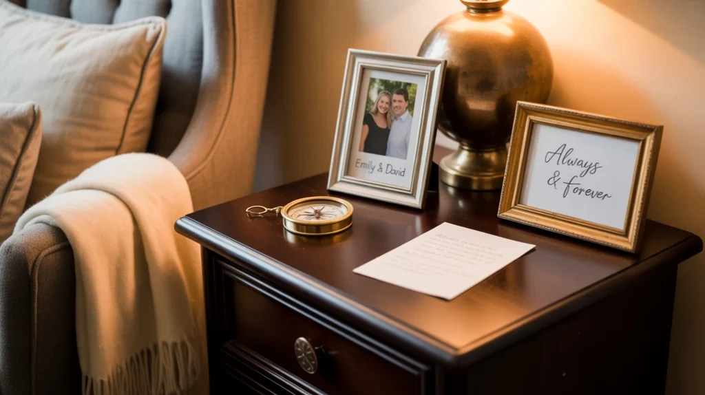 Romantic bedroom decorated with personal photos and meaningful touches.