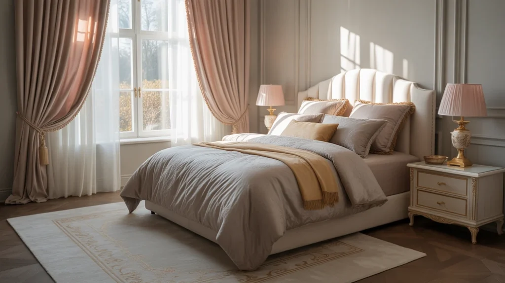 Chic pink, grey, and gold bedroom with blush curtains and lamps