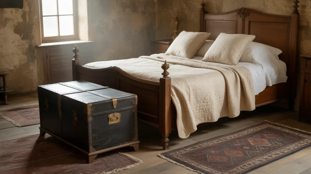 Rustic bedroom vintage trunk idea with antique decor and warm area rug