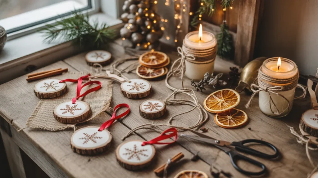 DIY rustic Christmas crafts with wood slice ornaments and dried orange garlands