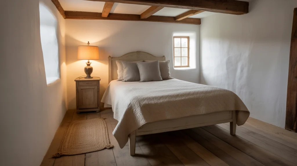 Rustic farmhouse bedroom décor for small spaces with light colors and rustic accents.