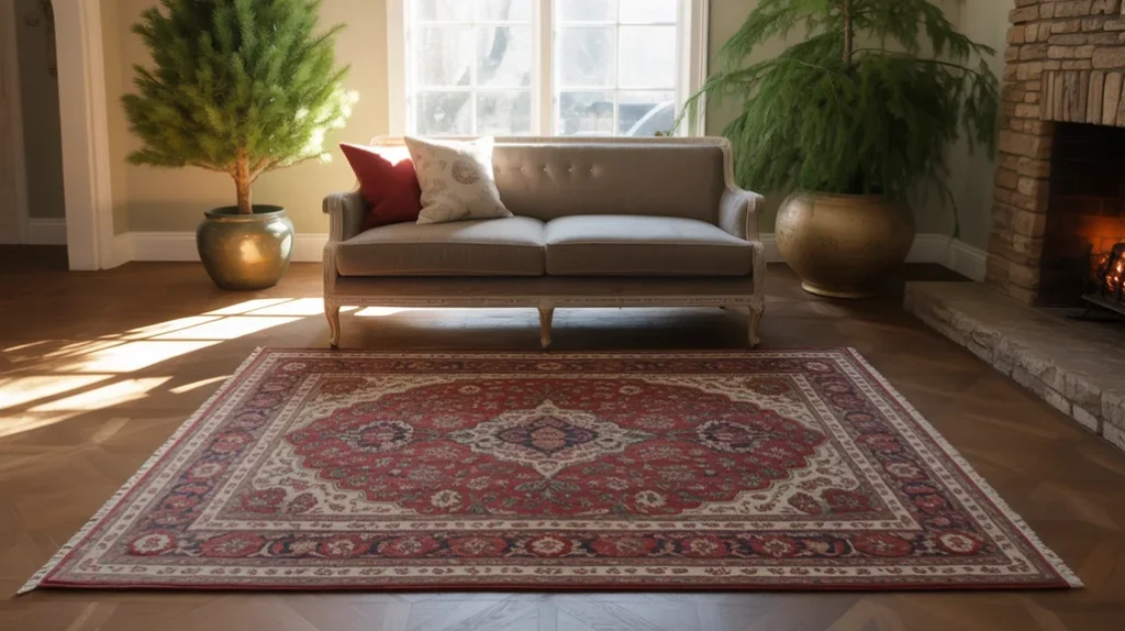 Red and cream statement rug anchoring festive seating area in Christmas living room ideas