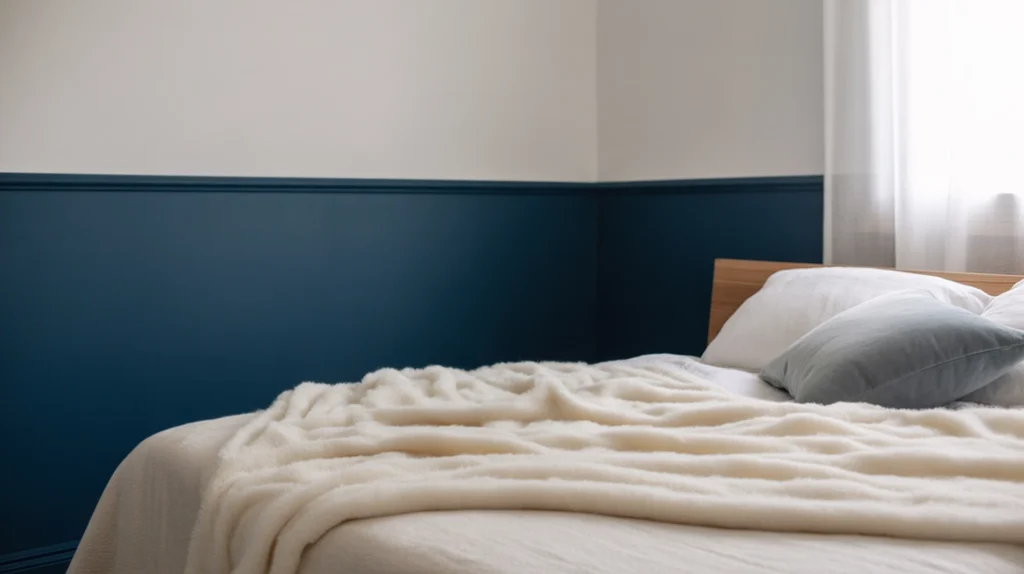 Two-tone wall bedroom, navy on bottom, white on top.