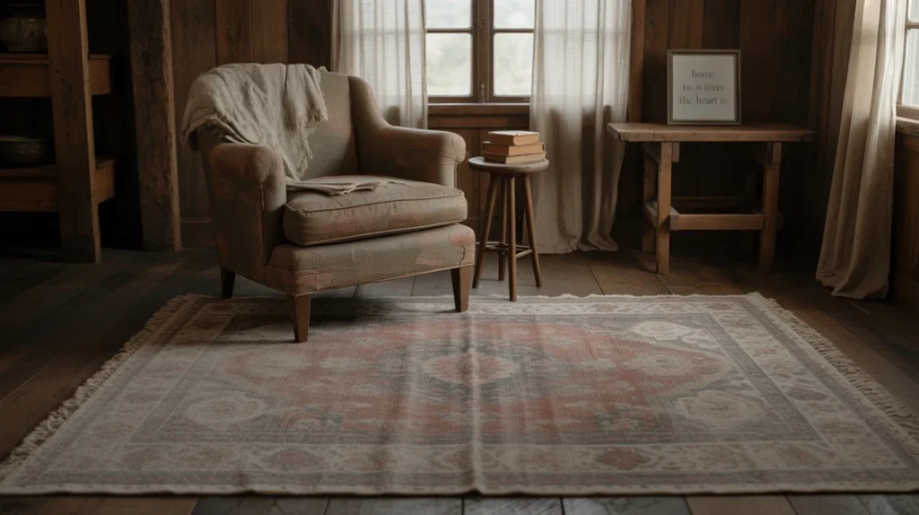 Vintage farmhouse rug with muted earthy tones in a cozy living room.