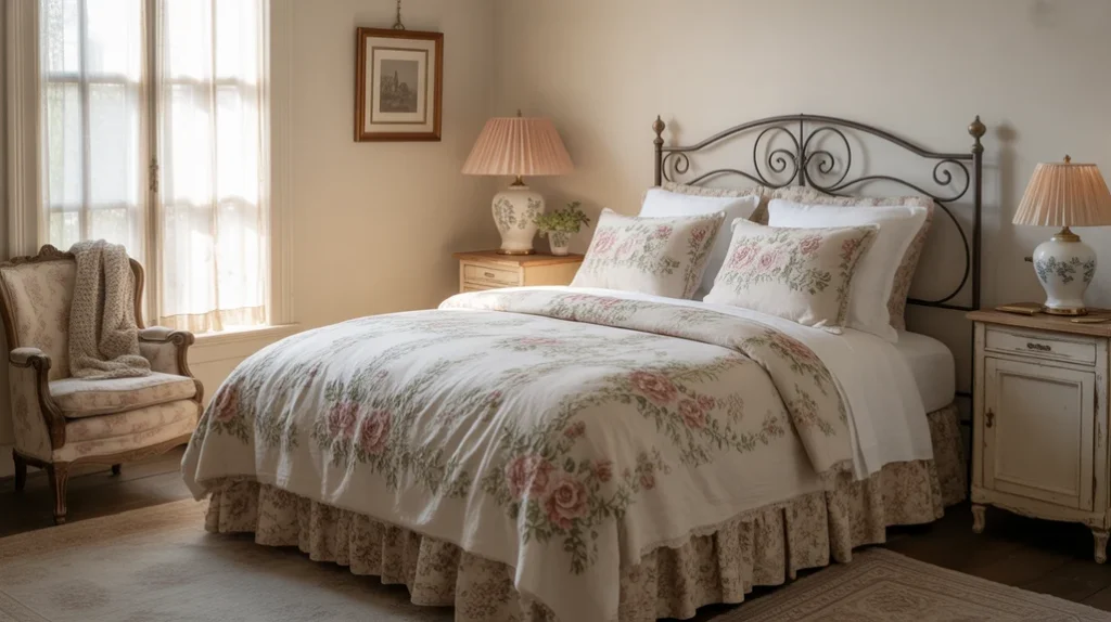 Wrought iron bed frame with lace curtains adds vintage charm to cozy cottage bedroom ideas.