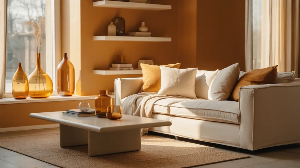 neutral winter decor with caramel and white tones, amber glass, and beige fabrics for warm Christmas elegance.