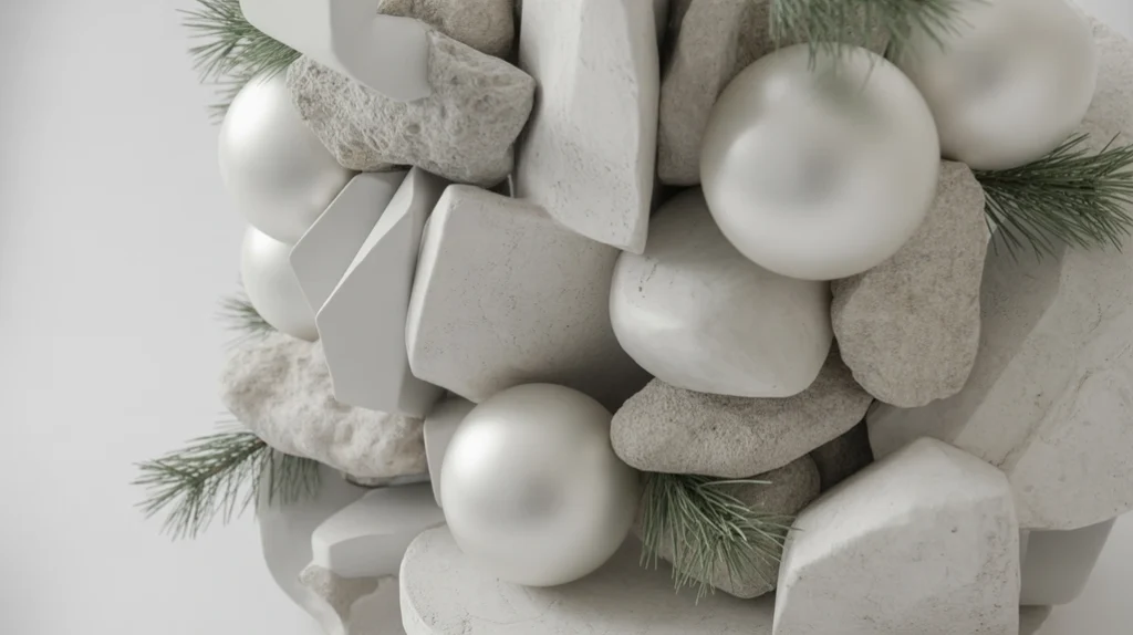Minimalist Scandinavian Christmas interior with white stone fireplace, pine wreaths, and wooden accents.