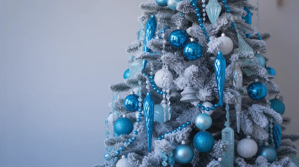Blue and silver Christmas tree with crystal ornaments, glass icicles, and metallic garlands for a frosted luxury ambience.