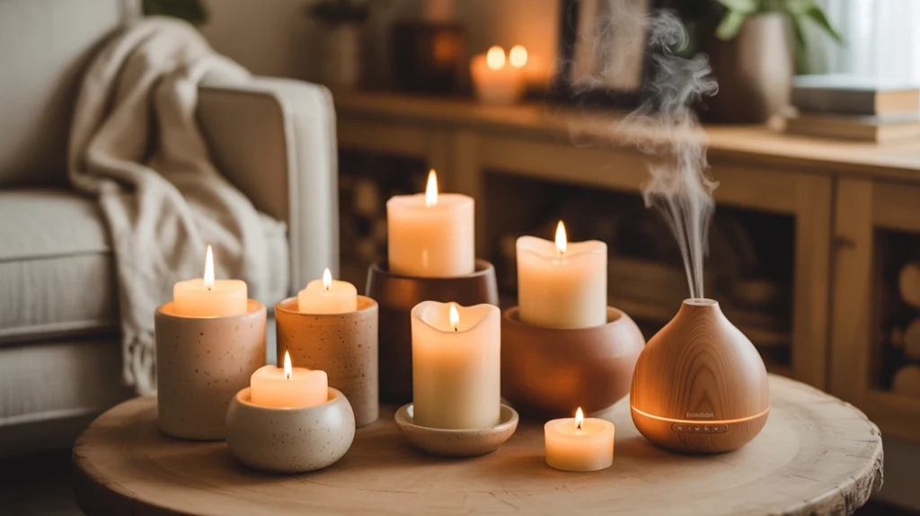 coffee table styled with candles, dried flowers, and books