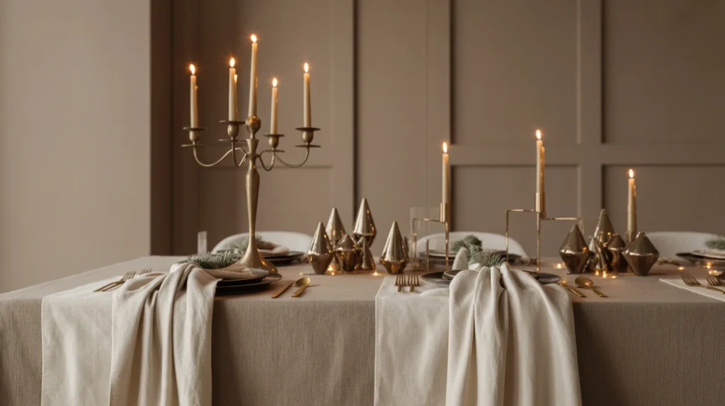 Modern neutral Christmas décor using greige and bronze hues with linen textures and warm candlelight.