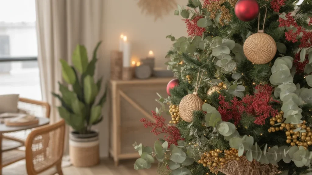 Nature-inspired red and gold Christmas tree with eucalyptus garlands, rattan accents, and gold berries for organic modern style.