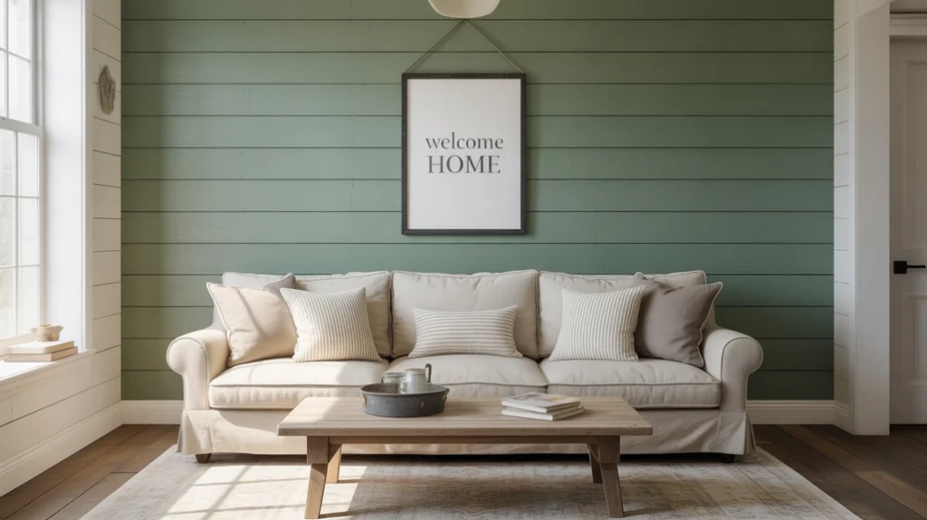 Accent wall in sage green with shiplap texture for farmhouse deco