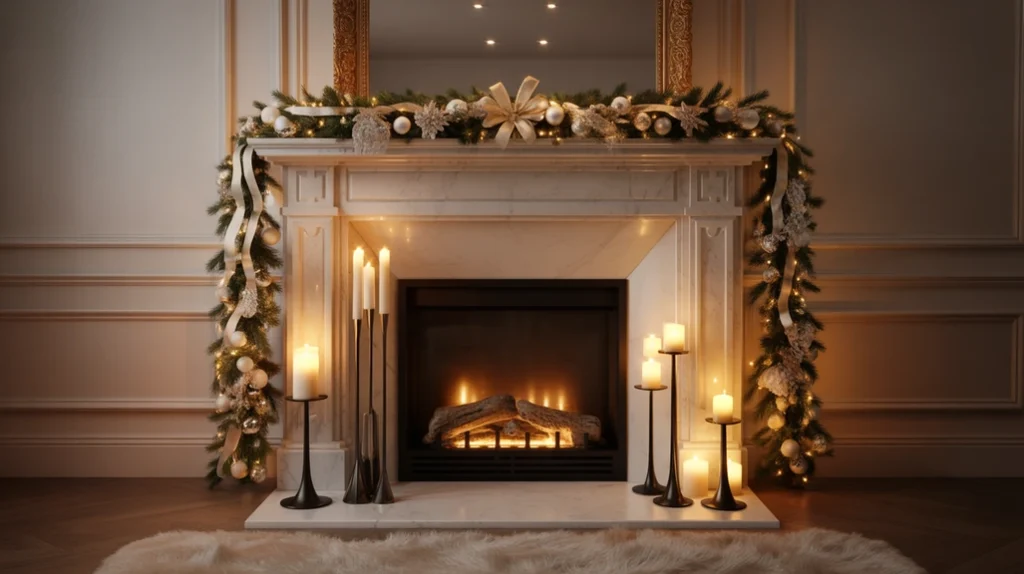 Modern Christmas living room with black accents, gold ribbons, and white minimalist design.