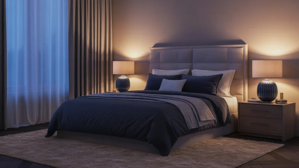 Blue-tinted lamps and soft lighting enhancing a cozy modern blue and white bedroom.