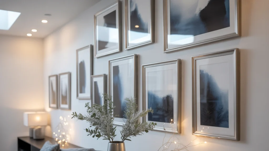 Wall art in navy, grey, and silver tones complementing a stylish blue and silver holiday theme.