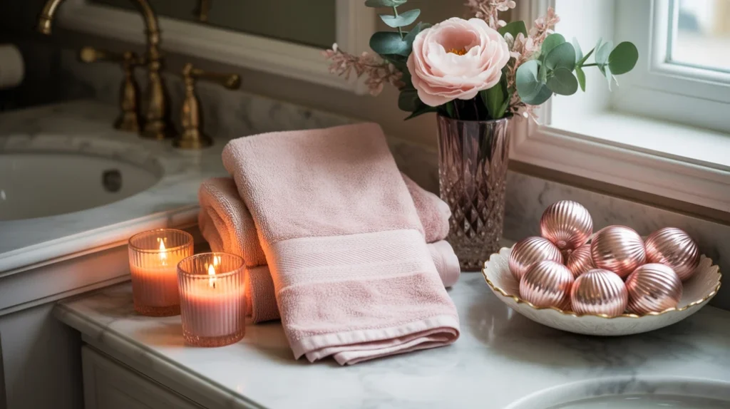 Bathroom styled with blush towels, rose candles, faux florals, and festive Christmas accents.