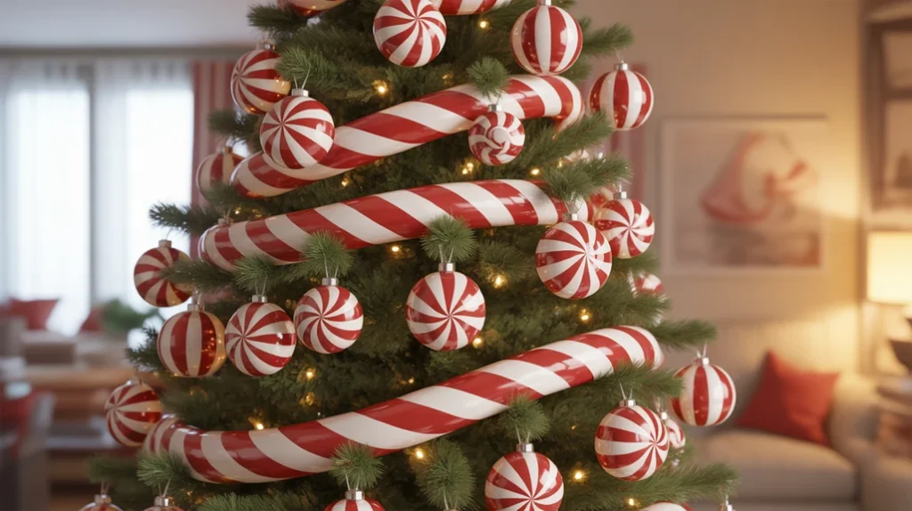 classic candy-cane christmas theme with striped ornaments, red ribbons, and peppermint-inspired tree decorations.