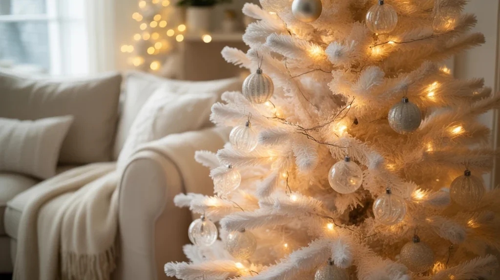 Neutral and white Christmas tree ideas featuring clear glass and frosted ornaments for timeless elegance.