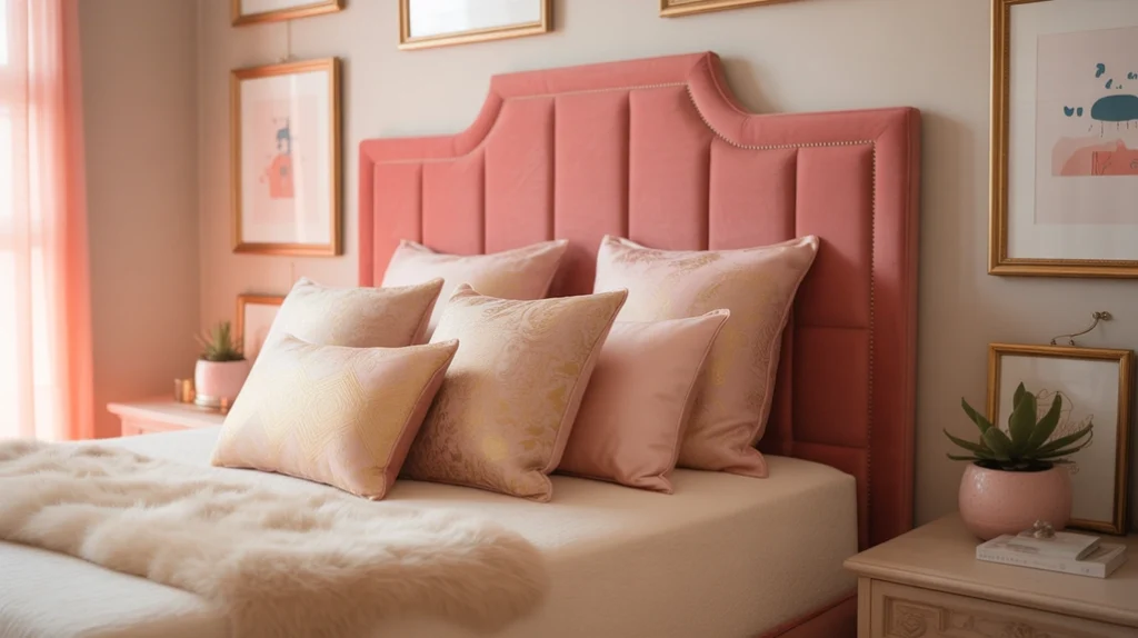 Coral and pink bedroom with patterned pillows and playful decor