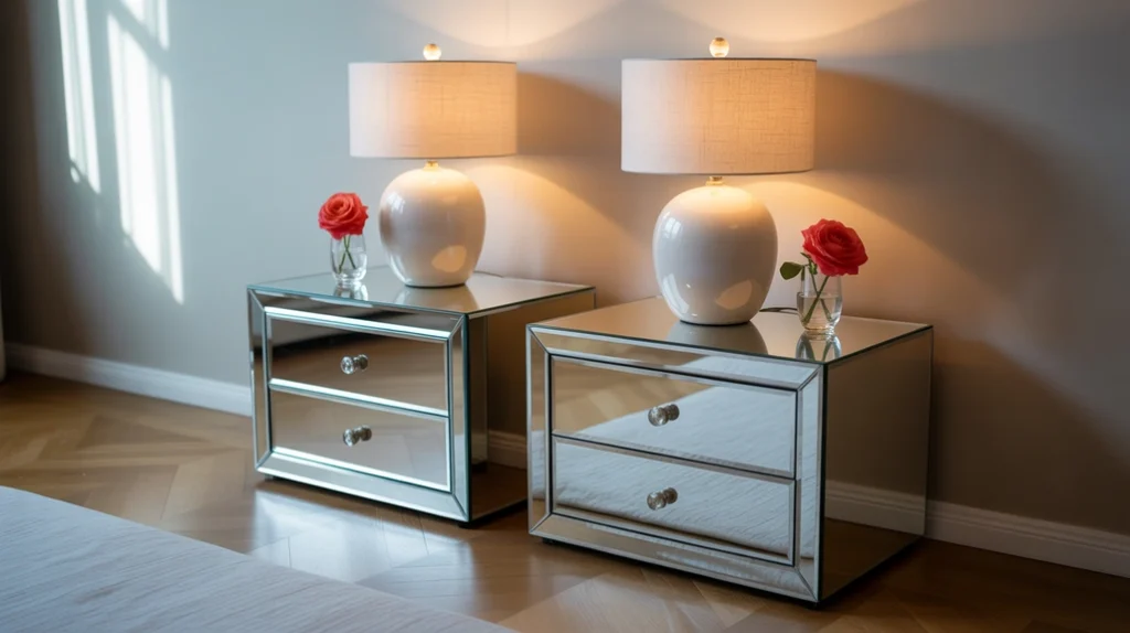 Romantic bedroom with elegant nightstands styled with lamps and flowers.