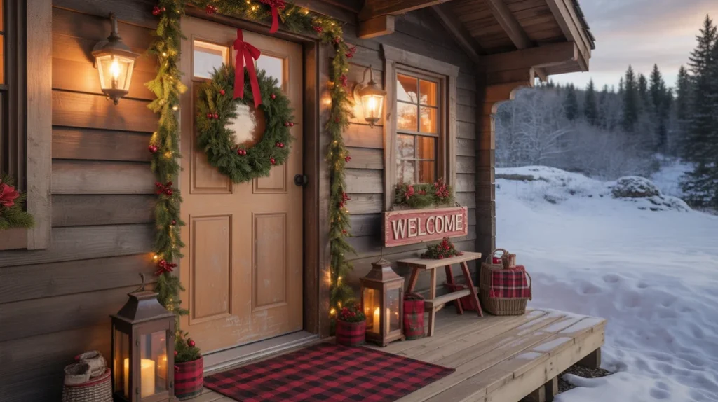 Cabin entryway decorated for Christmas with pine wreath, lanterns, and plaid rug for warm welcome