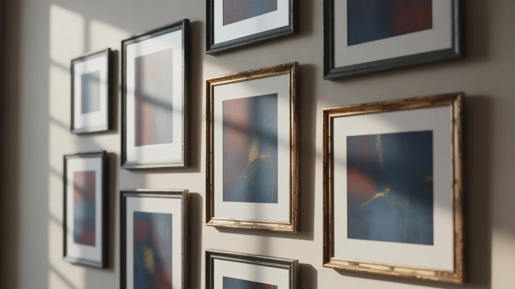 Moody bedroom with gallery wall in deep, dramatic tones.