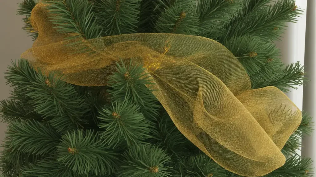 Gold mesh and netting adding volume, shimmer, and light play to Christmas tree branches.
