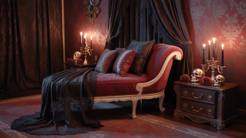 Dark gothic witchy decor with lace and candles.