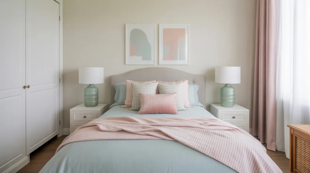 Light blue bedroom styled with decorative vases, throw pillows, and nightstand