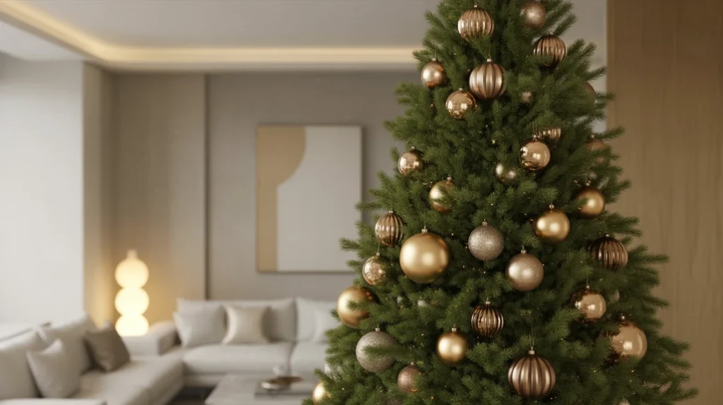 Minimalist Christmas tree with subtle gold and bronze metallic accents — elegant modern decor.